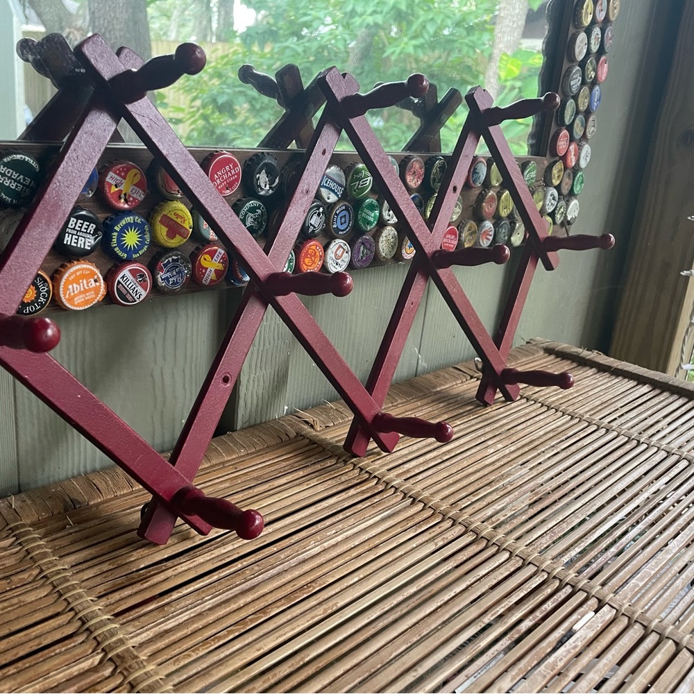 Accordion Wall Hanger Hooks Vintage Decor Red Wooden